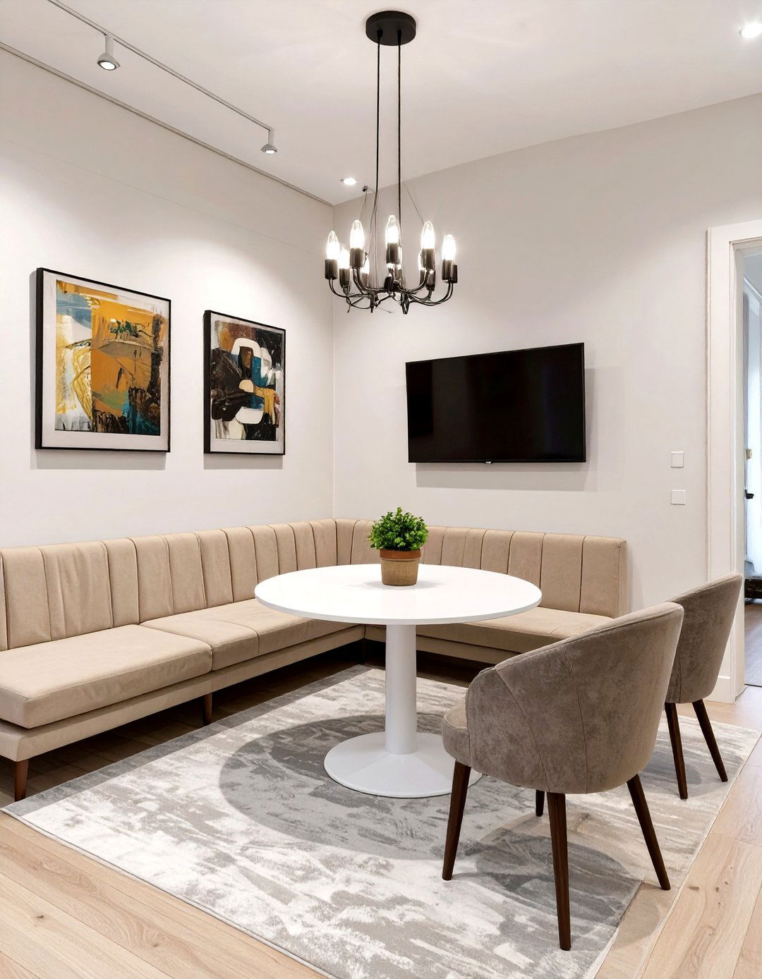 Corner Banquette Seating with a Round Pedestal Dining Table - 30 small living room ideas with tv and dining table