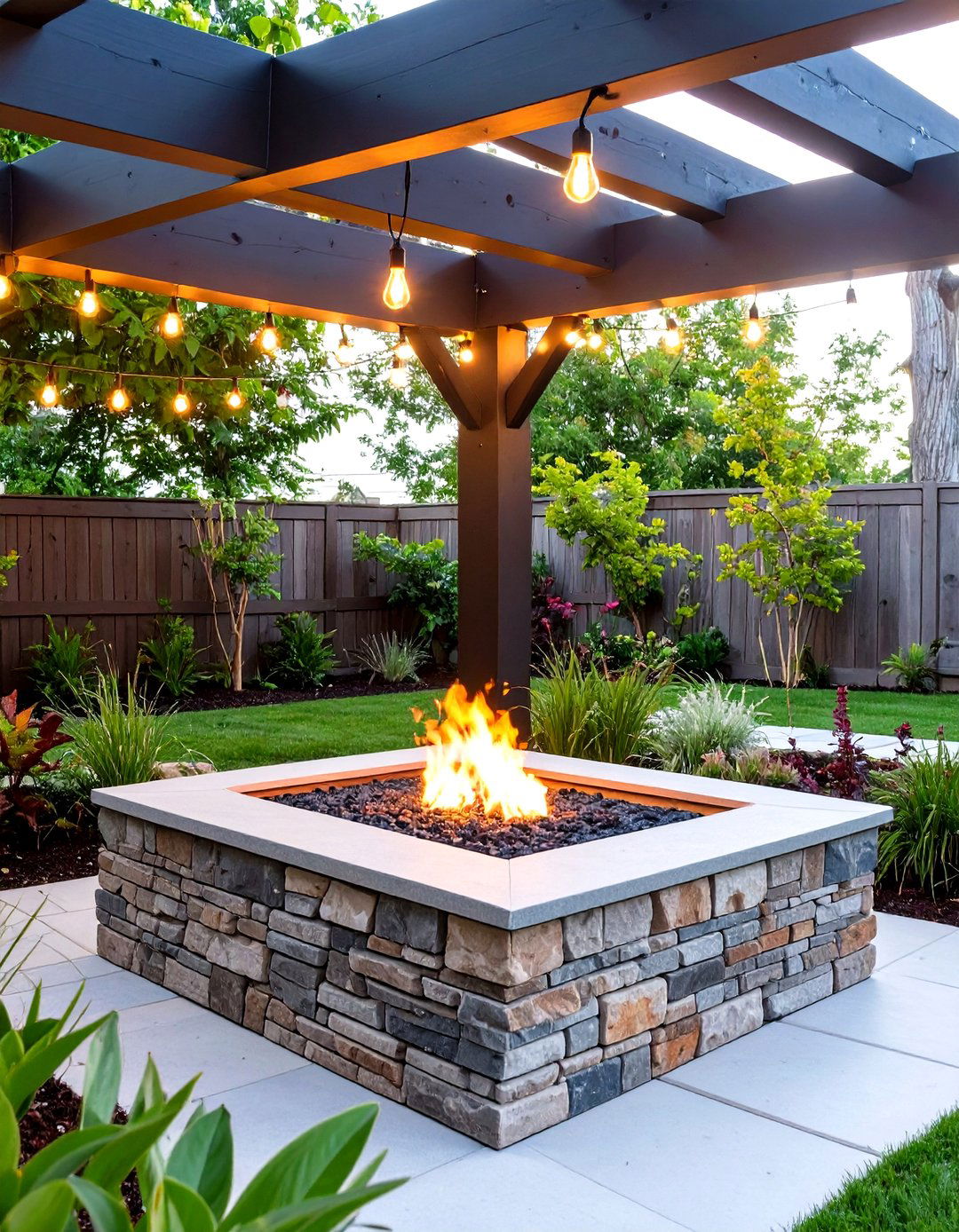 Corner Fire Pit with a Wooden Pergola - 30 small backyard fire pit ideas landscaping