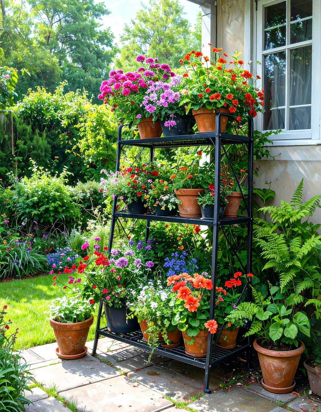 Corner Multi Level Plant Stand - 30 small backyard garden ideas