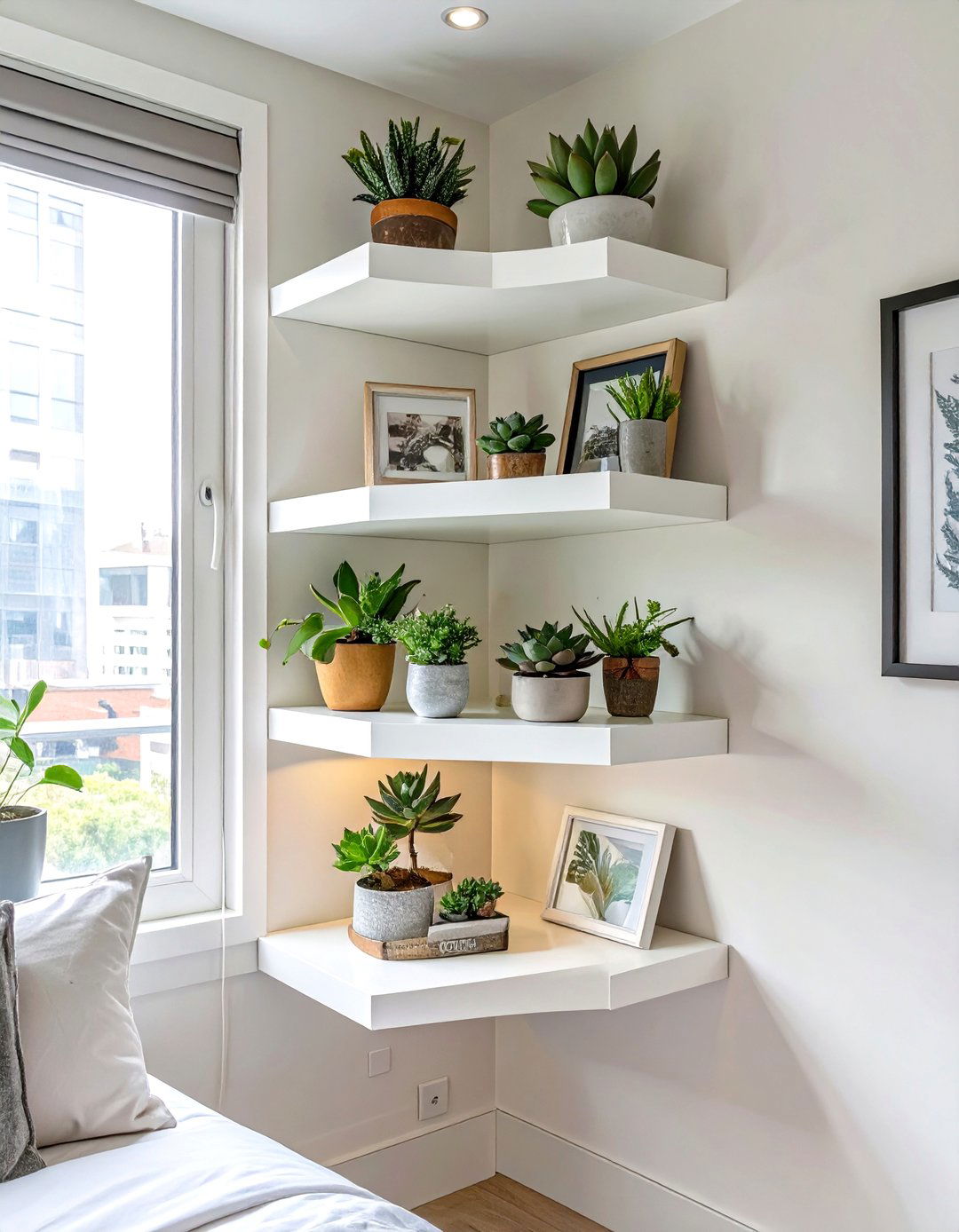 Corner Shelving Units - 30 small apartment bedroom ideas