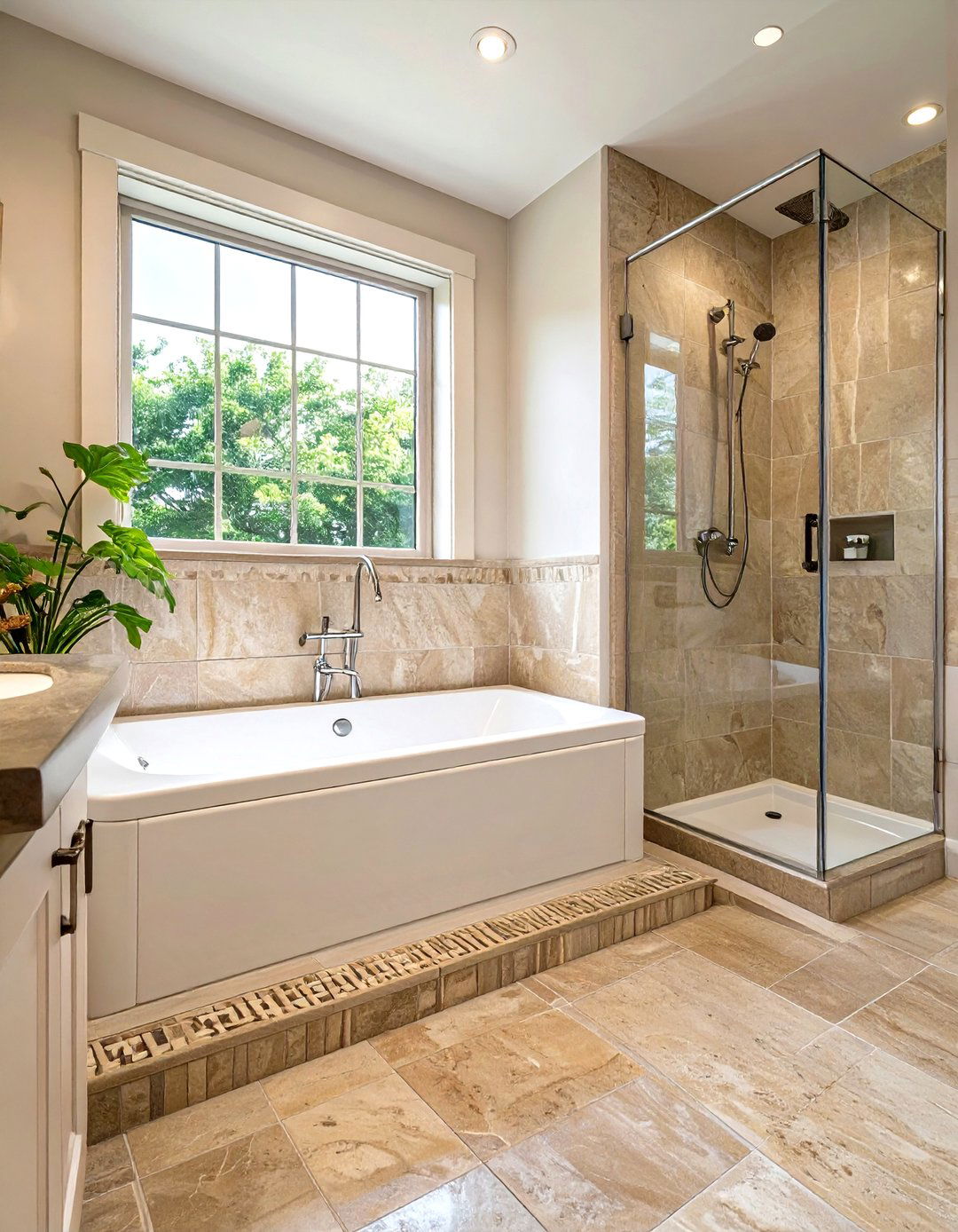 Corner Soaking Tub with an Adjacent Shower Stall - 30 shower and tub ideas