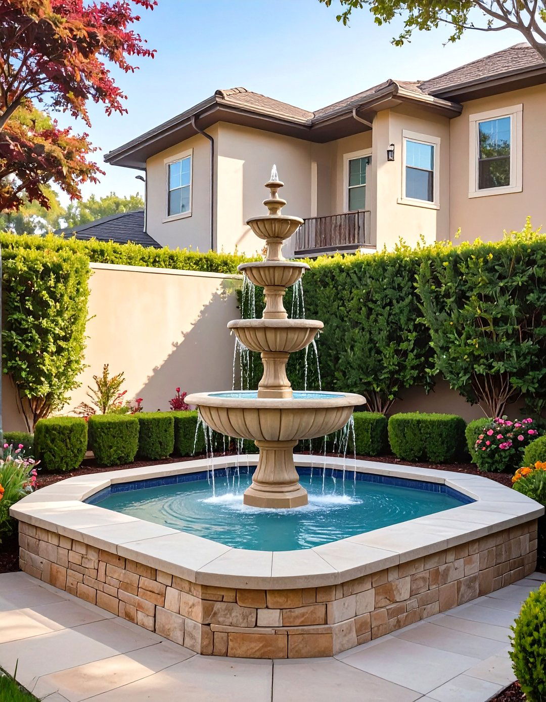 Corner Tiered Front Yard Fountain - 30 small front yard fountain ideas
