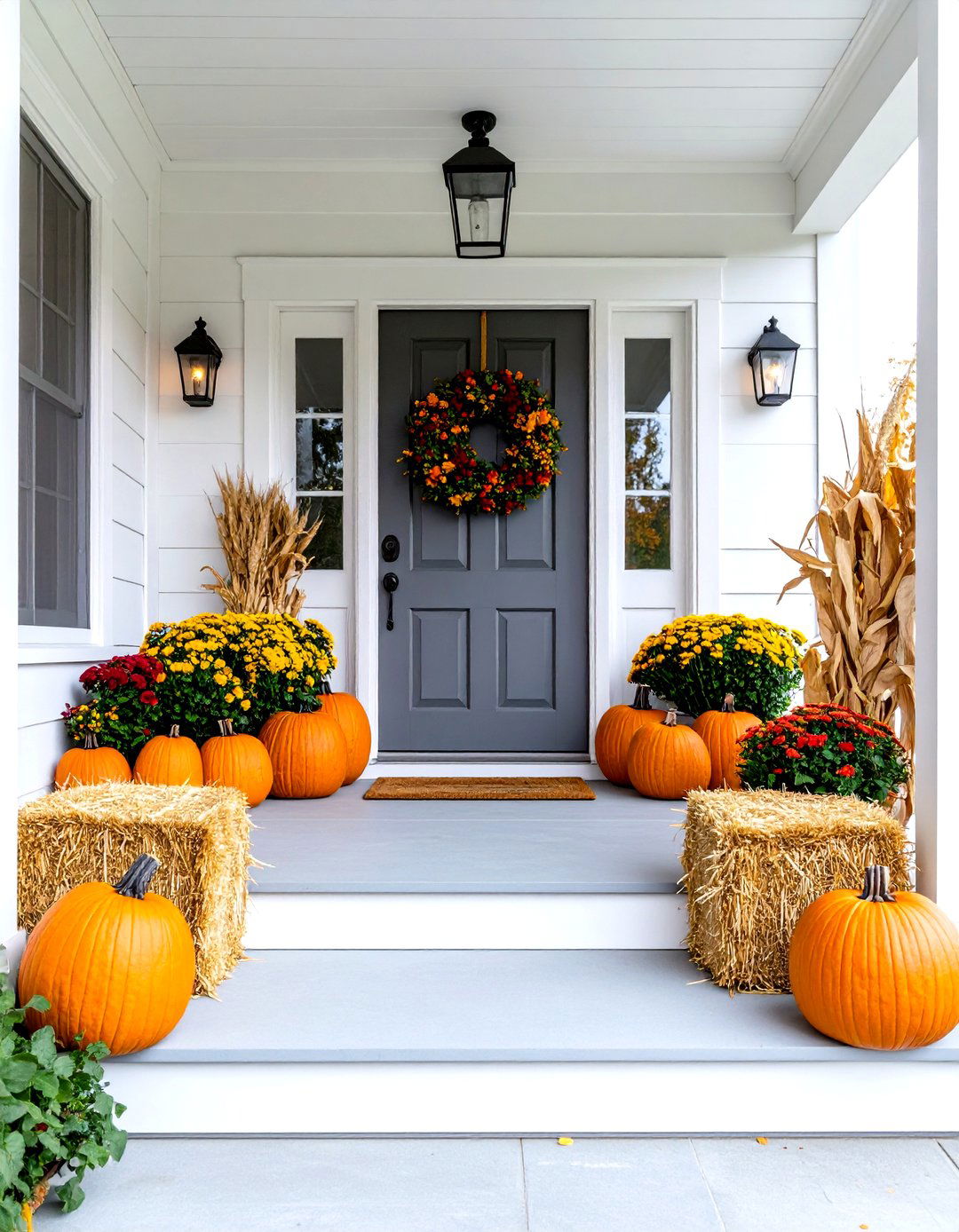 Cornstalk and Hay Bale Porch - 30 fall porch ideas