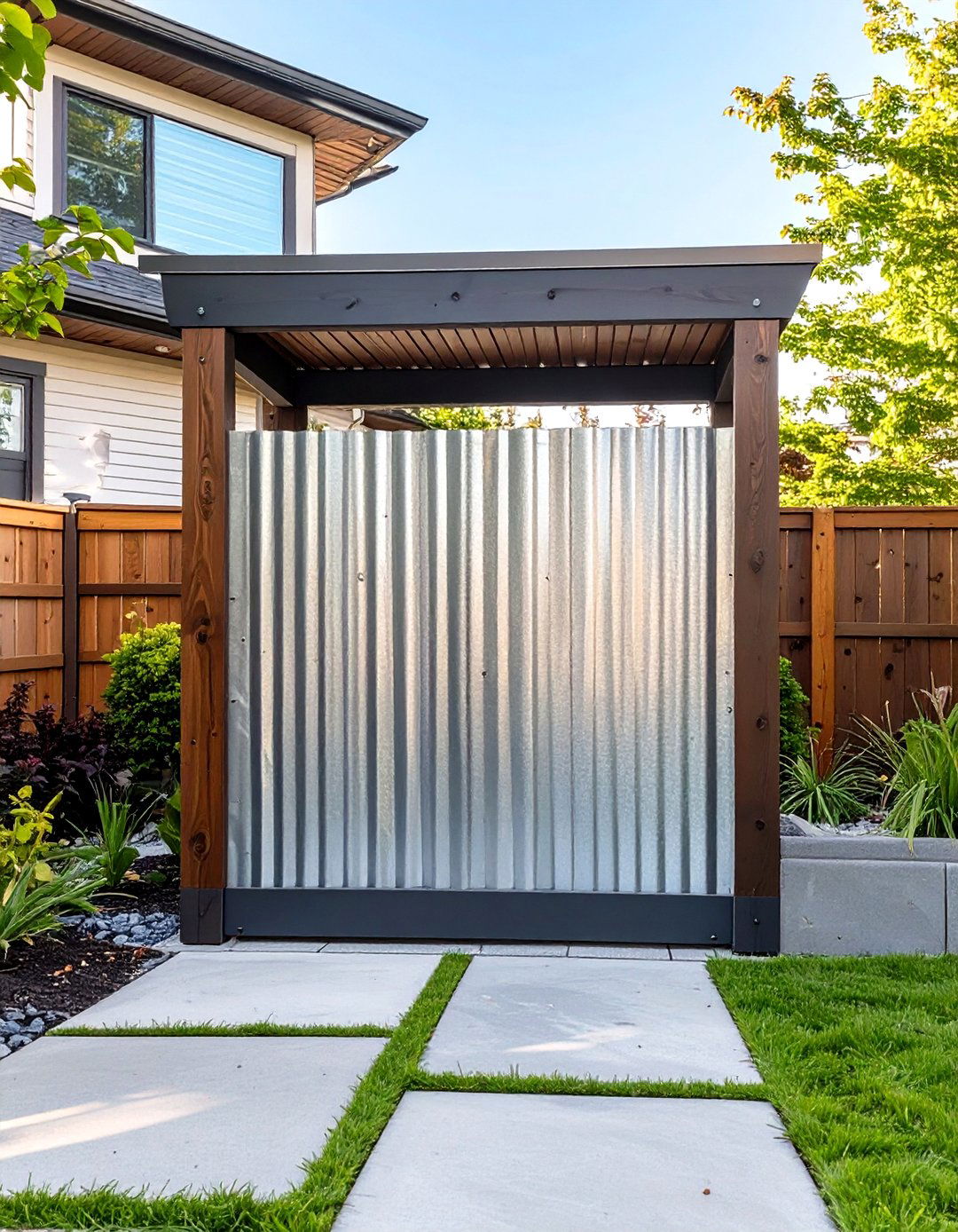 Corrugated Metal Garbage Can Privacy Screen - 30 outdoor garbage can storage ideas