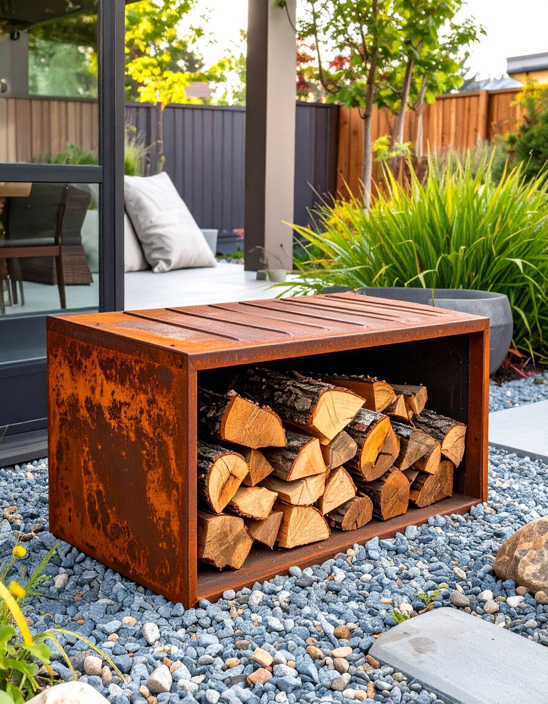 Corten Steel Decorative Firewood Holder - 30 outdoor firewood storage ideas
