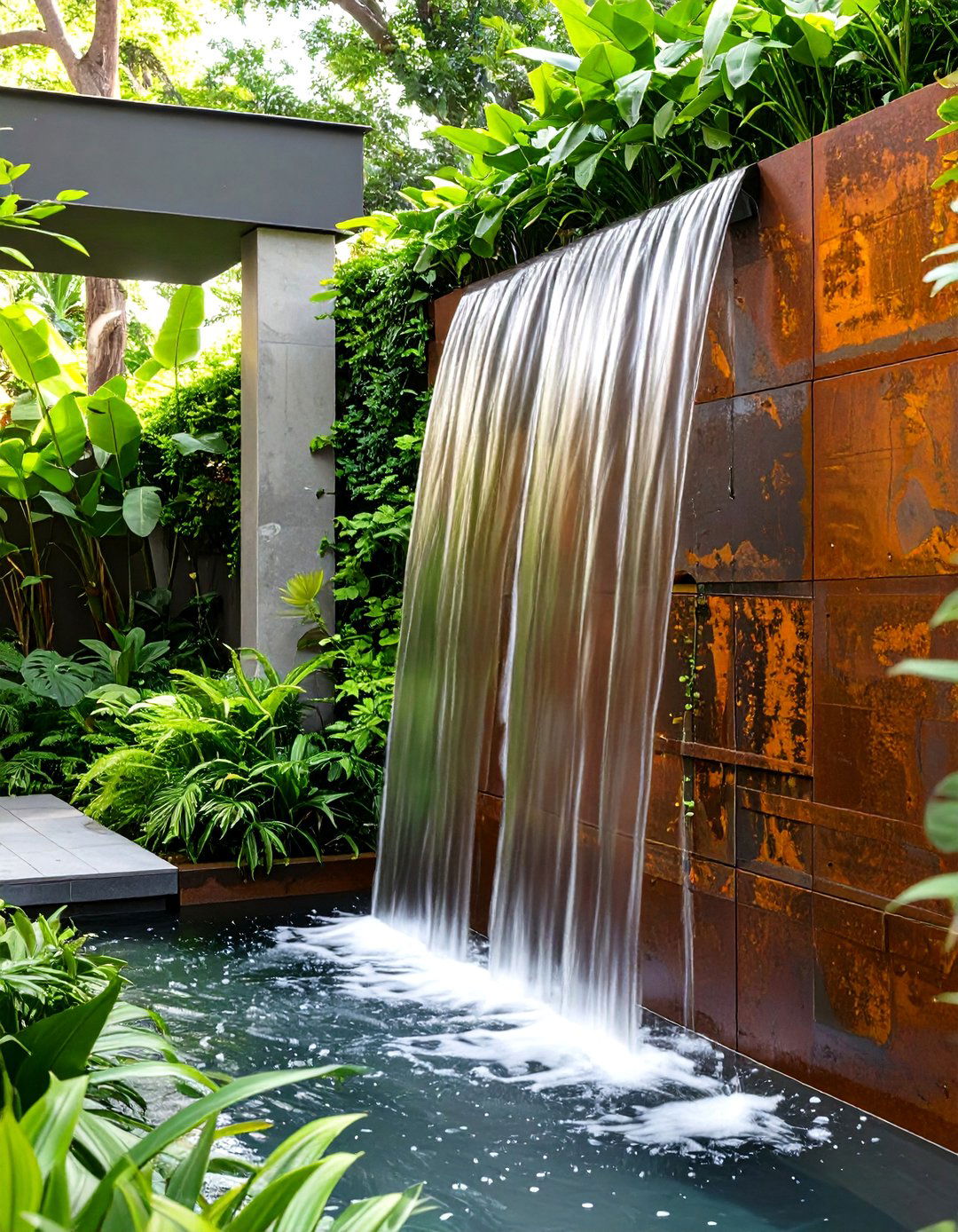 Corten Steel Water Wall - 30 backyard waterfall ideas