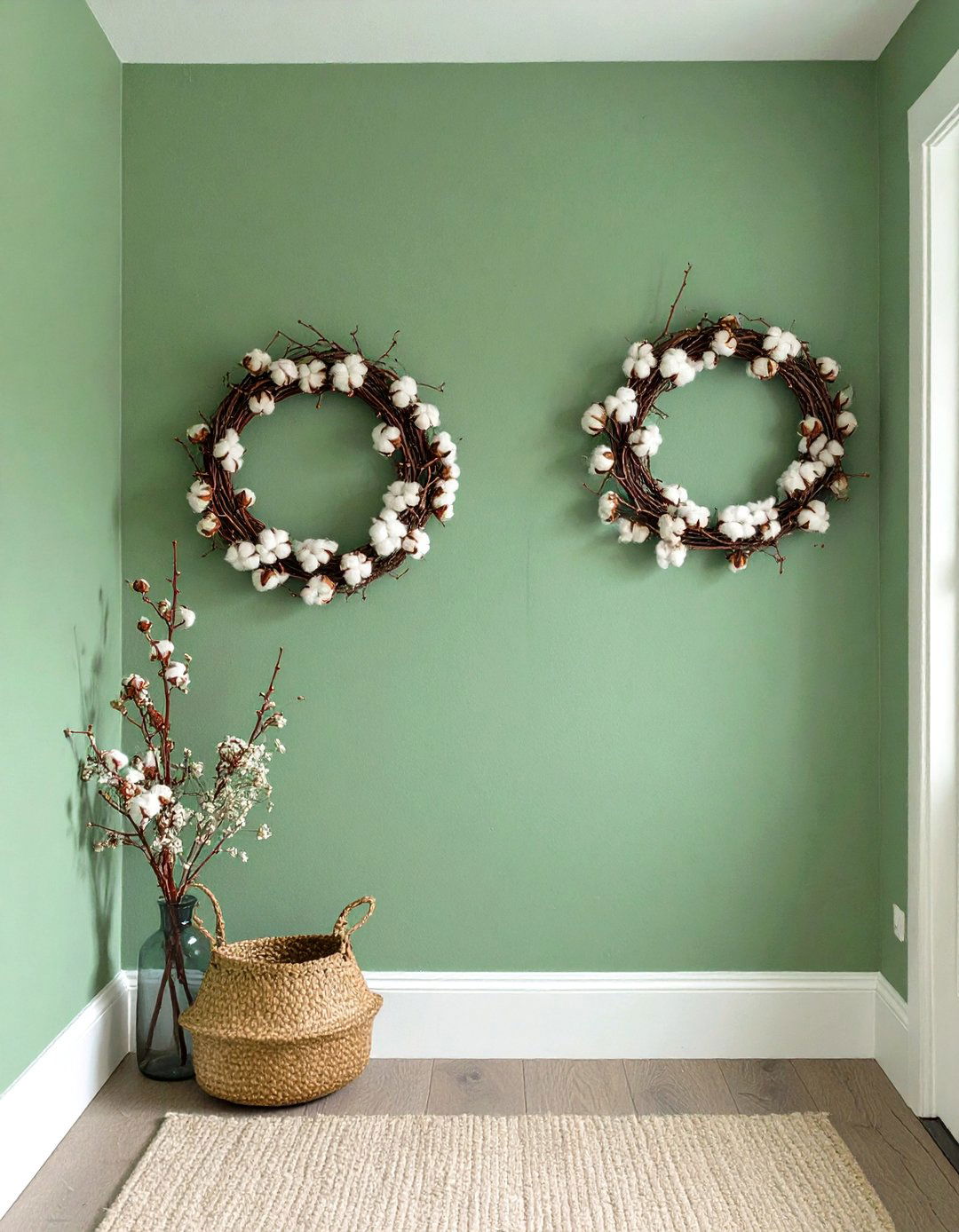 Cotton Stem Wreath Display - 30 modern farmhouse wall decor ideas