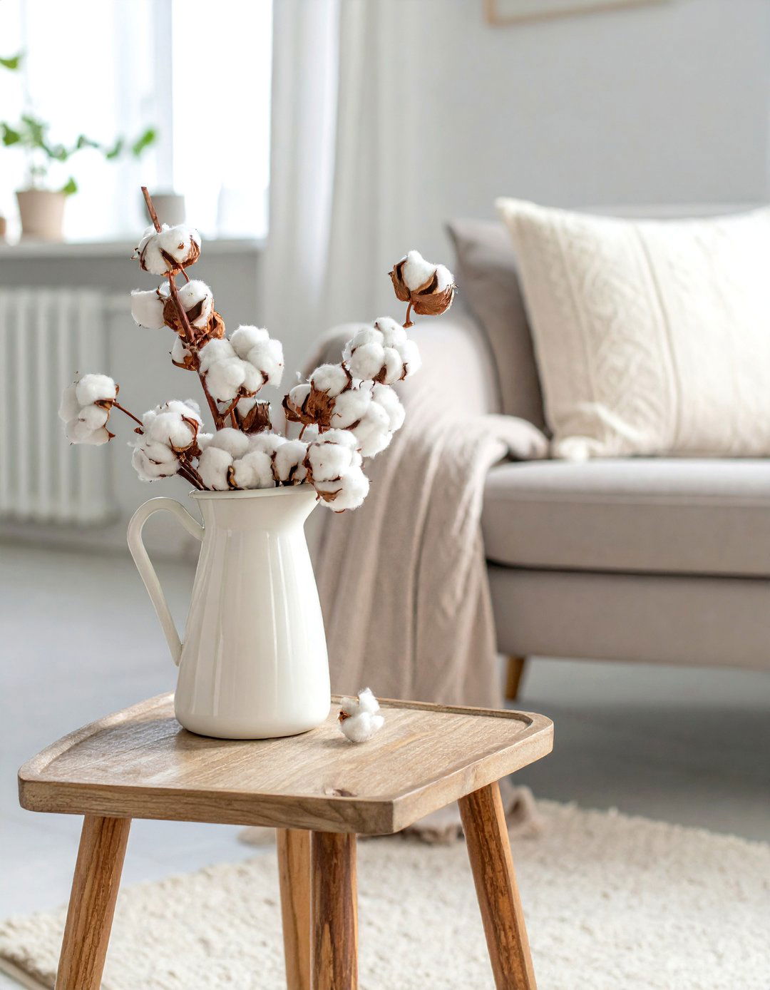 Cotton Stems in a Ceramic Pitcher - 30 rustic farmhouse interior design ideas