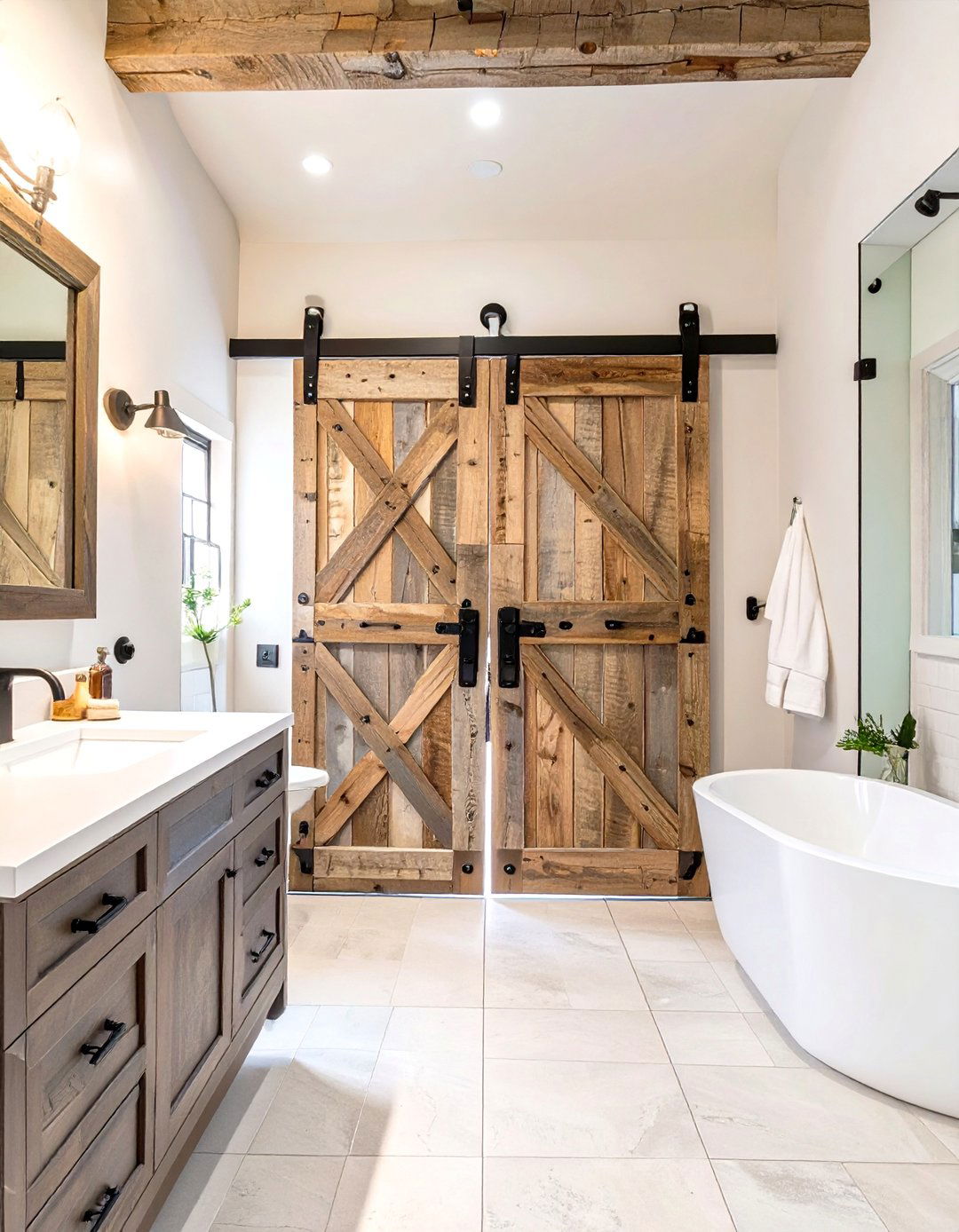 Country Bathroom with Barn Doors - 30 country bathroom ideas