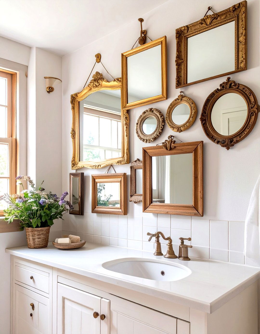 Country Bathroom with Mismatched Mirrors - 30 country bathroom ideas