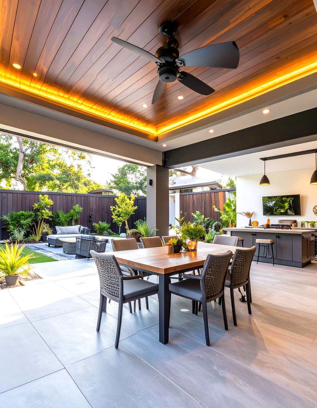 Covered Patio with Ceiling Fan and Lighting - 30 outdoor living ideas