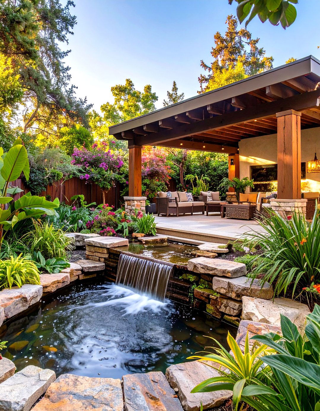 Covered Patio with a Soothing Water Feature - 30 outdoor covered patio ideas
