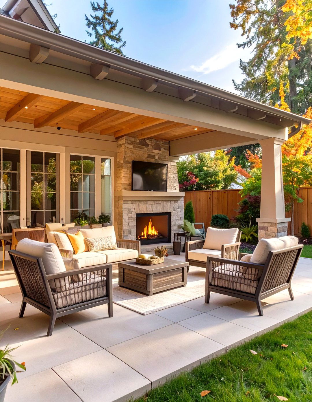 Covered Patio with an Outdoor Fireplace - 30 outdoor living space ideas