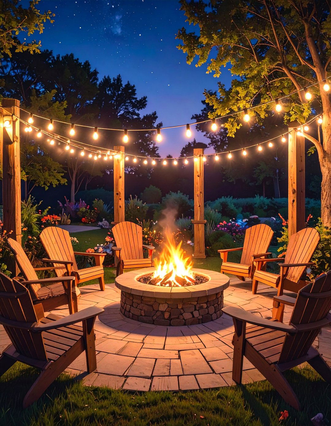 Cozy Fire Pit Circle - 30 backyard string light ideas