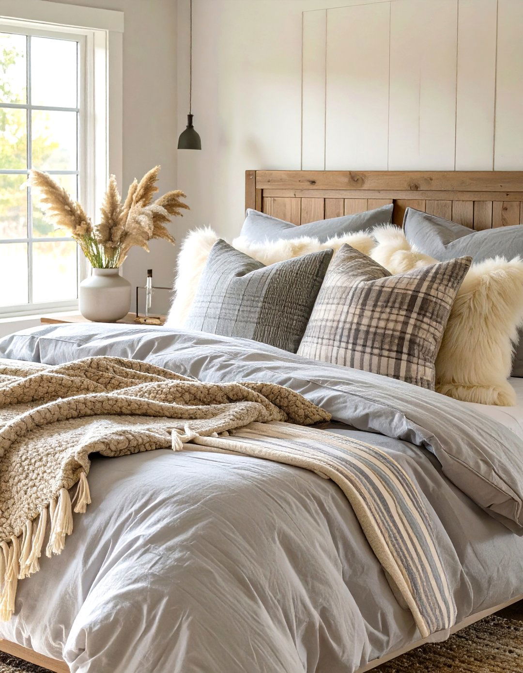 Cozy Layered Textiles Bedroom - 30 modern farmhouse bedroom ideas