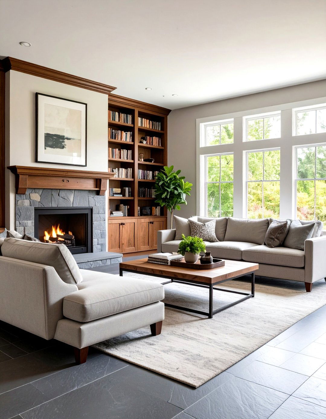 Craftsman Living Room with Medium Grey Slate Floors - 30 grey flooring living room ideas