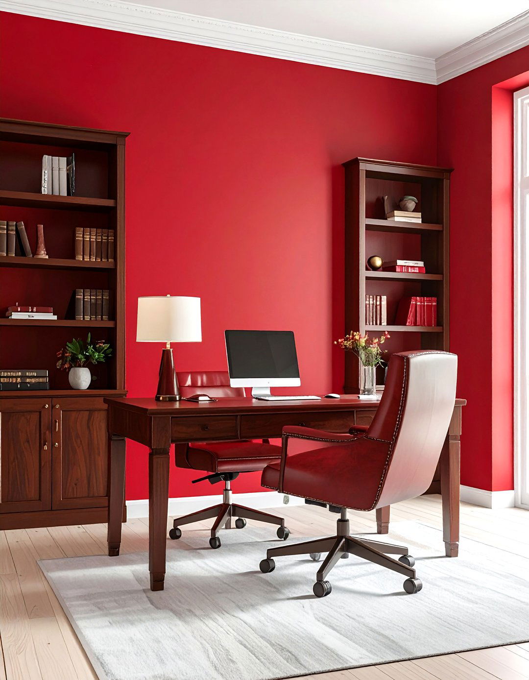 Cranberry Red Accent Wall in a Traditional Study - 30 accent wall color ideas