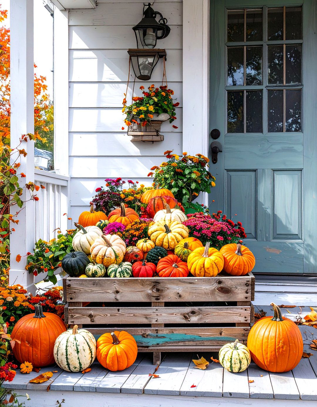 Crate Display with Gourds - 30 small front porch fall decorating ideas