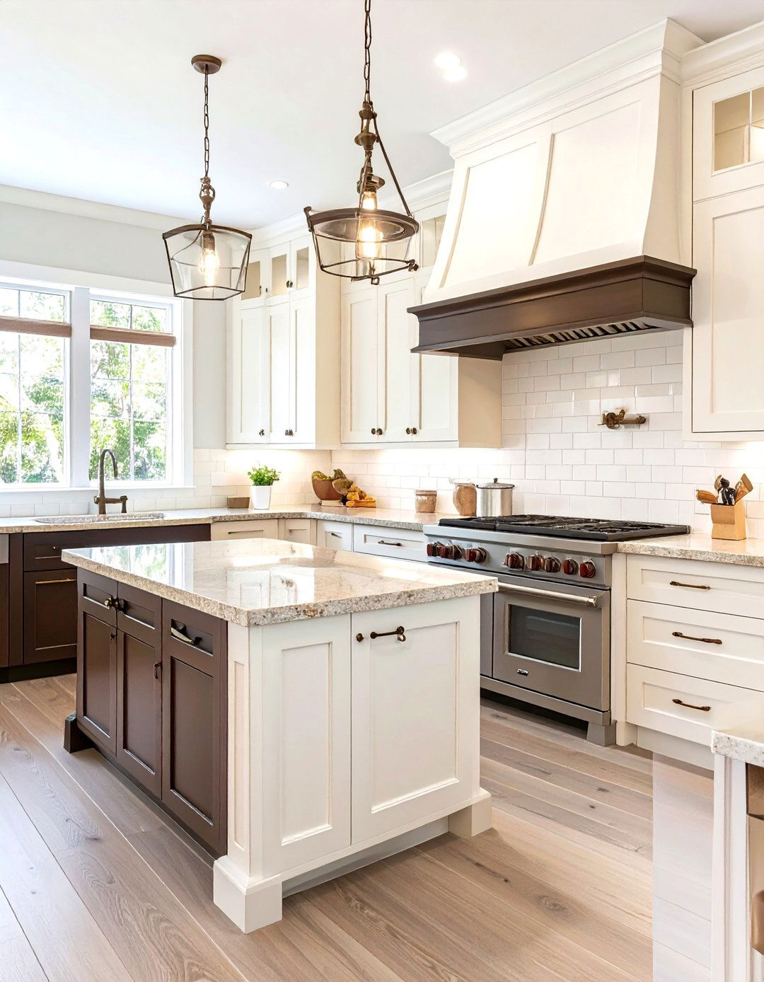 Cream Cabinets with a Chocolate Brown Island - 30 two tone painted kitchen cabinet ideas