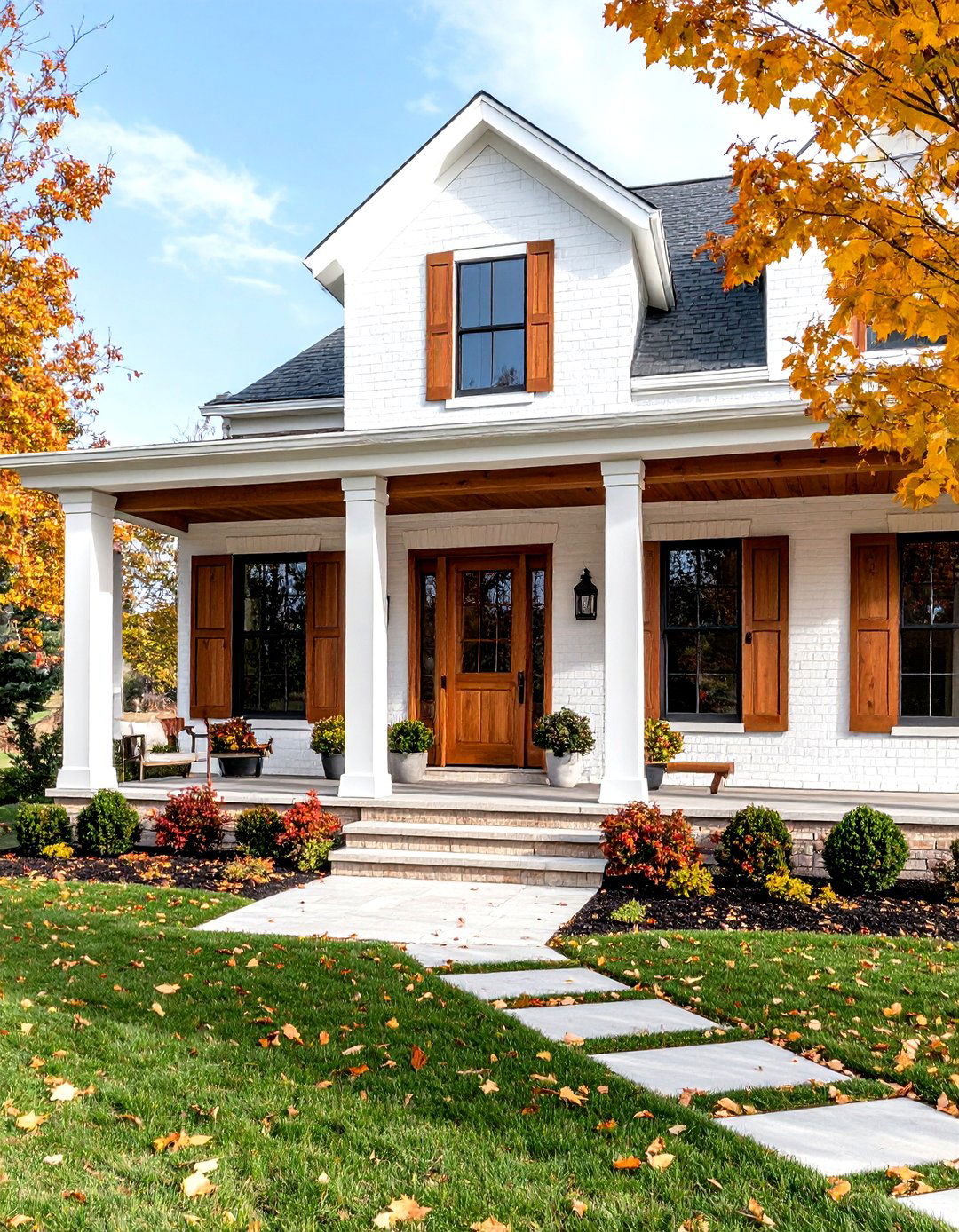 Creamy Off White Brick with Wood Accents - 30 exterior brick paint color ideas
