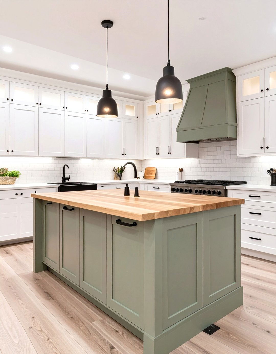 Creamy White Cabinets with a Sage Green Island - 30 two tone painted kitchen cabinet ideas