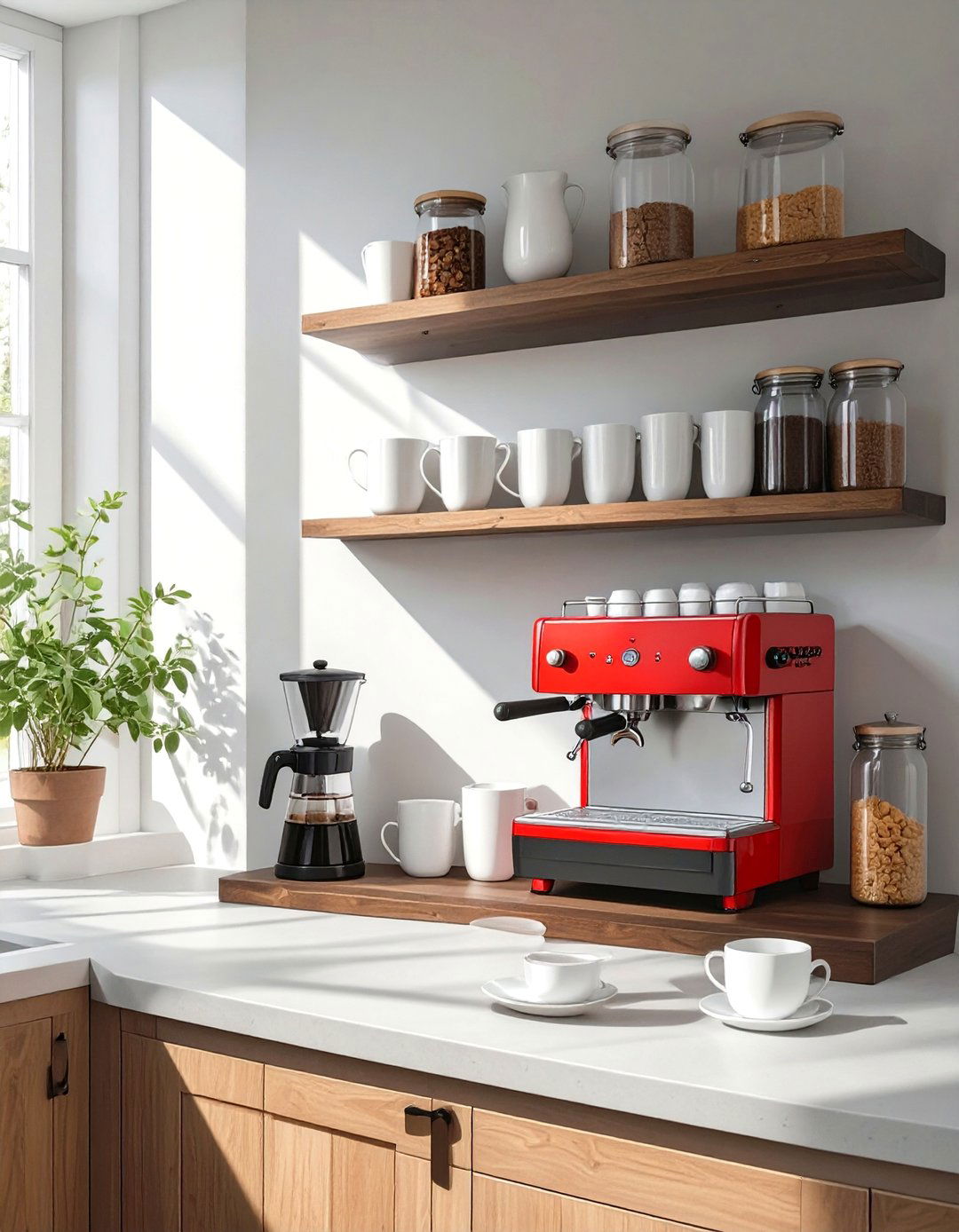 Create a Coffee Station on a Floating Shelf - 30 very small kitchen ideas on a budget