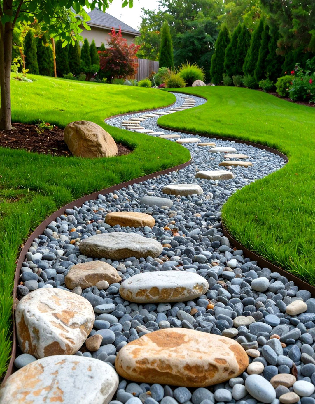 Create a Dry Creek Bed for Drainage - 30 sloped backyard ideas on a budget