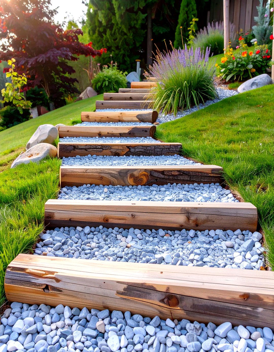 Creating Rustic Steps with Logs and Gravel - 30 steep hillside landscaping ideas on a budget