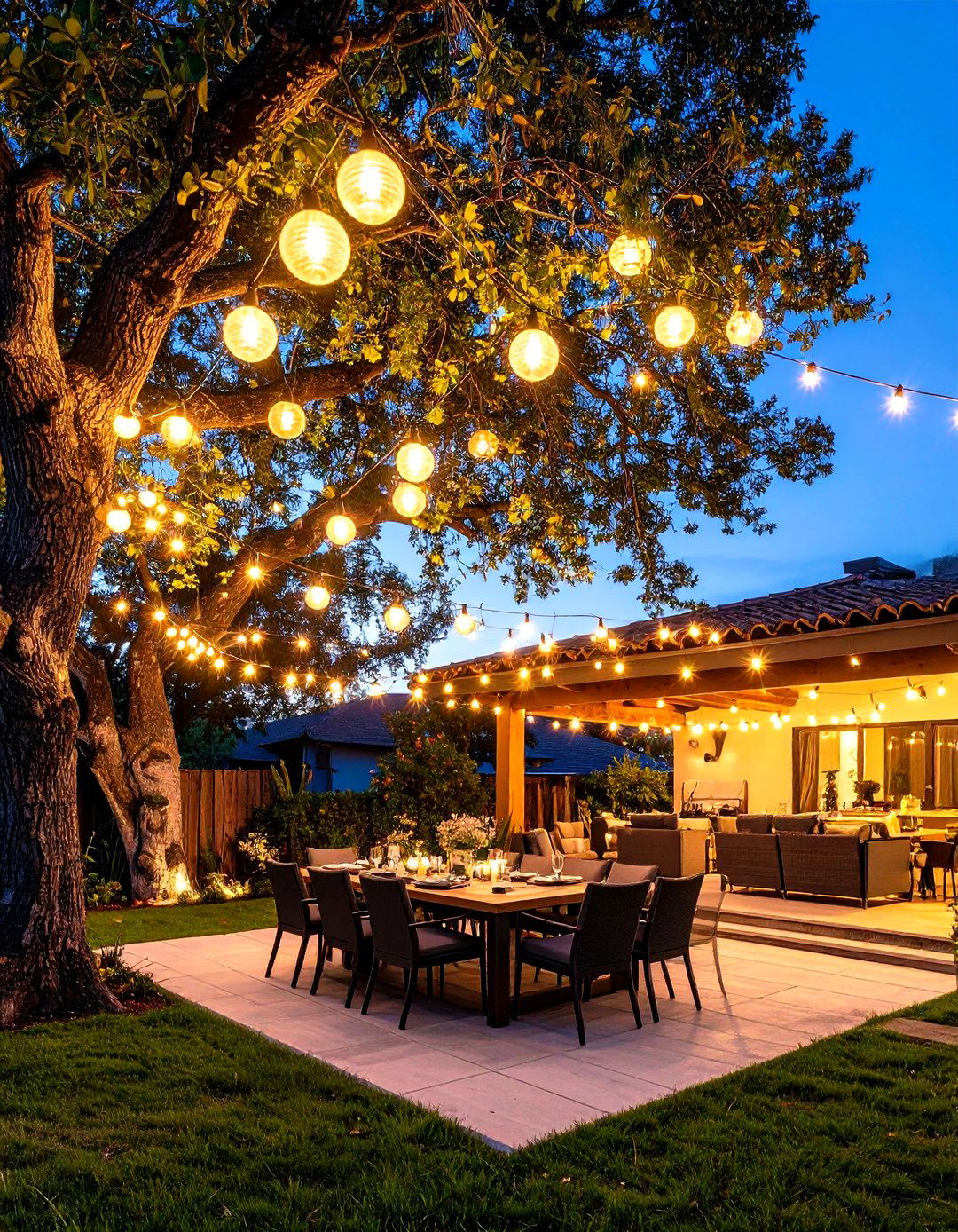 Creating a Canopy of Lights with Globe String Lights - 30 outdoor tree lighting ideas