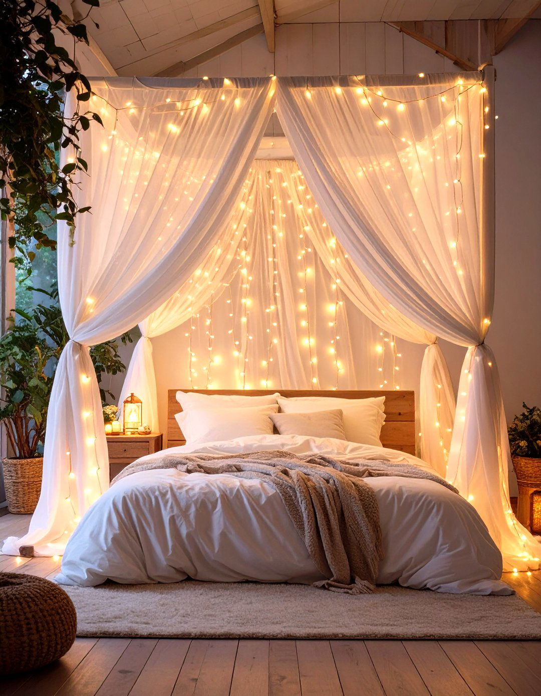 Curtain Lights Behind a Sheer Canopy - 30 teenage girl bedroom ideas with led lights