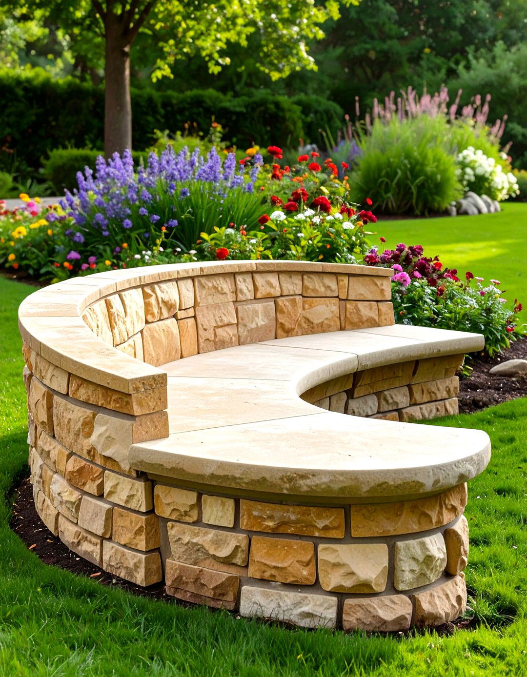 Curved Sandstone Garden Bench - 30 outdoor bench ideas