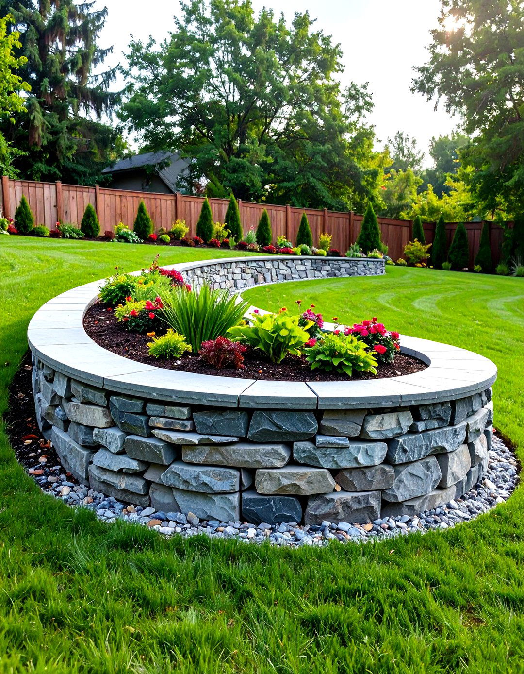 Curved Stacked Stone Retaining Wall - 30 retaining wall ideas for sloped backyard