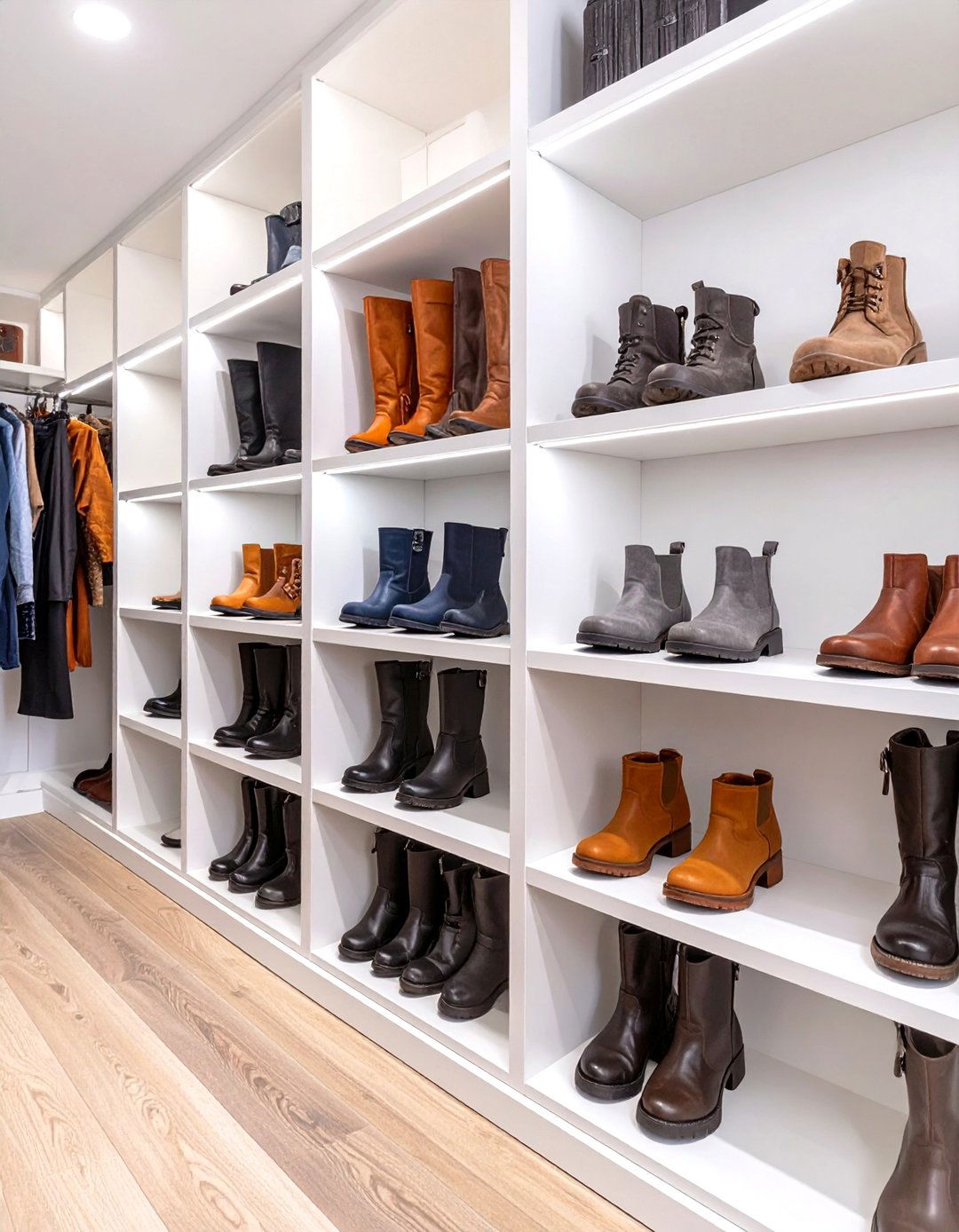 Custom Angled Boot Shelving - 30 shoe closet ideas