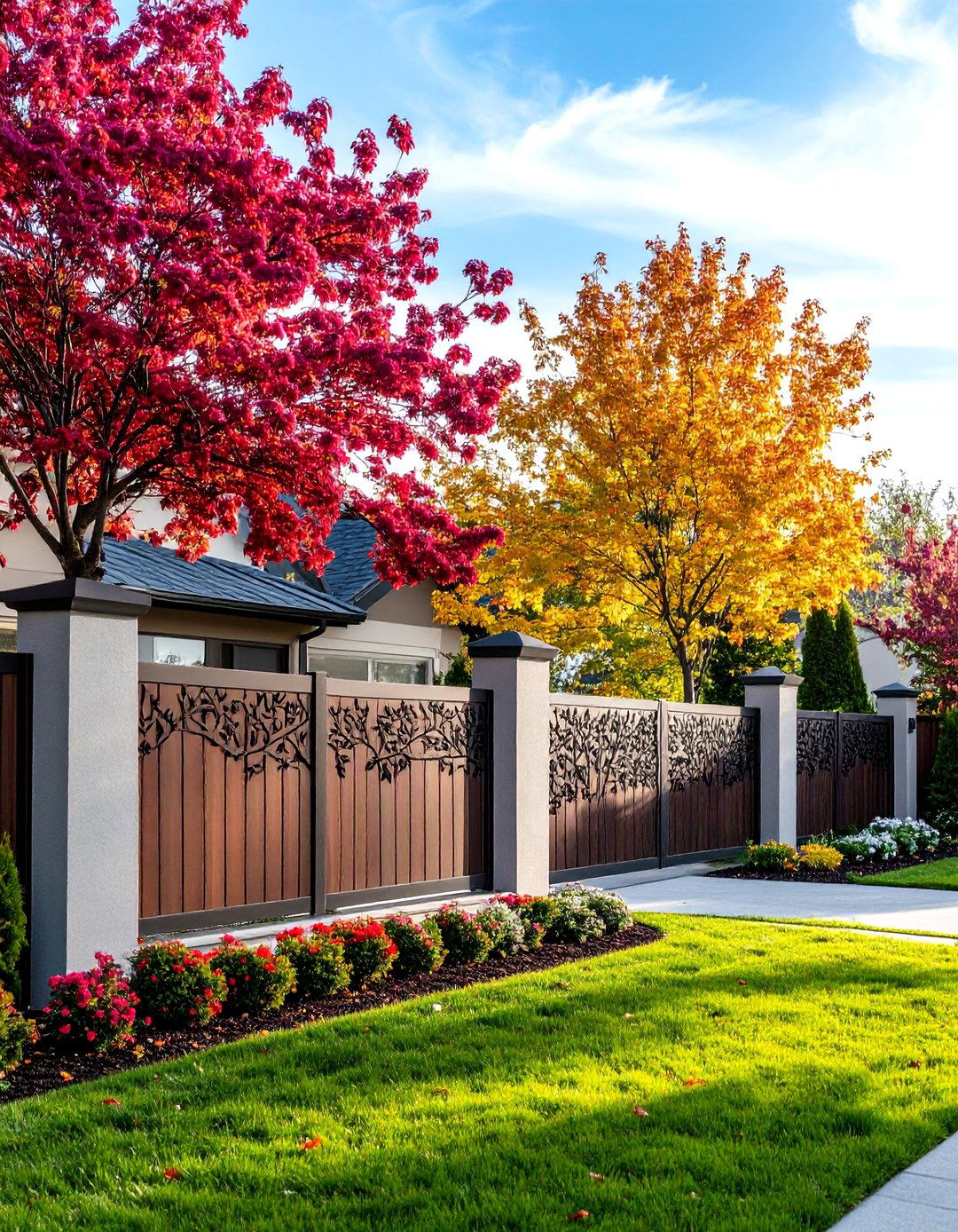 Custom Art Panel Fence and Gate - 30 front yard fence ideas with driveway