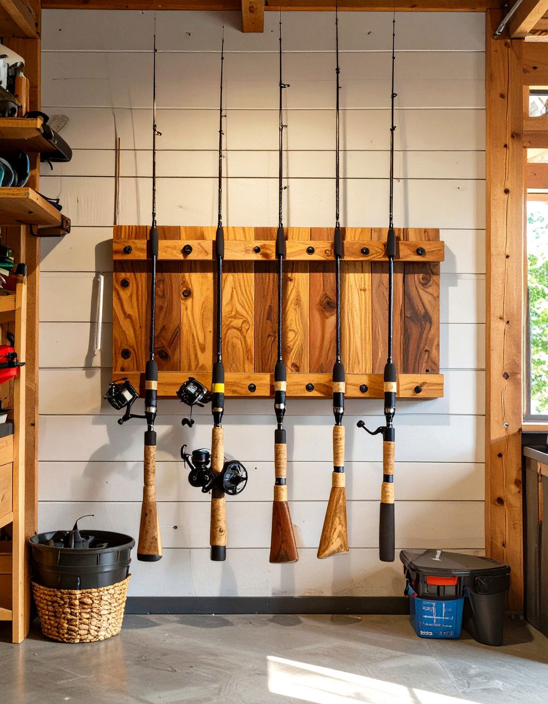Custom Wood Fishing Rod Rack - 30 wood garage storage ideas