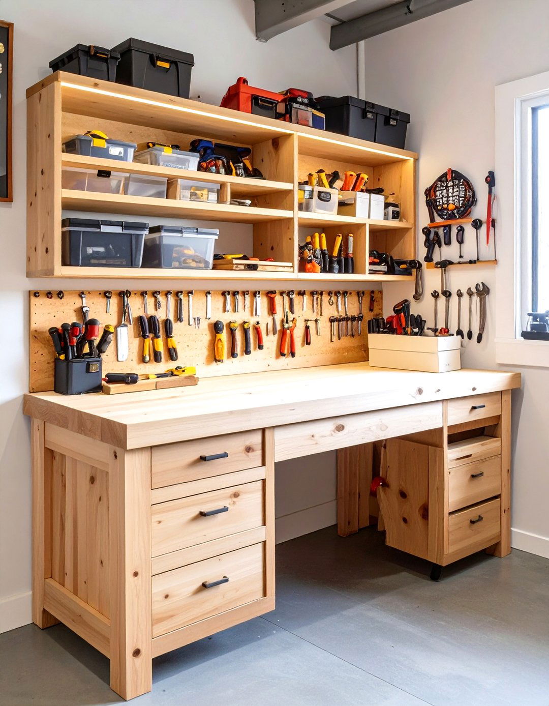 Custom Wooden Workbench with Integrated Storage - 30 wood garage storage ideas