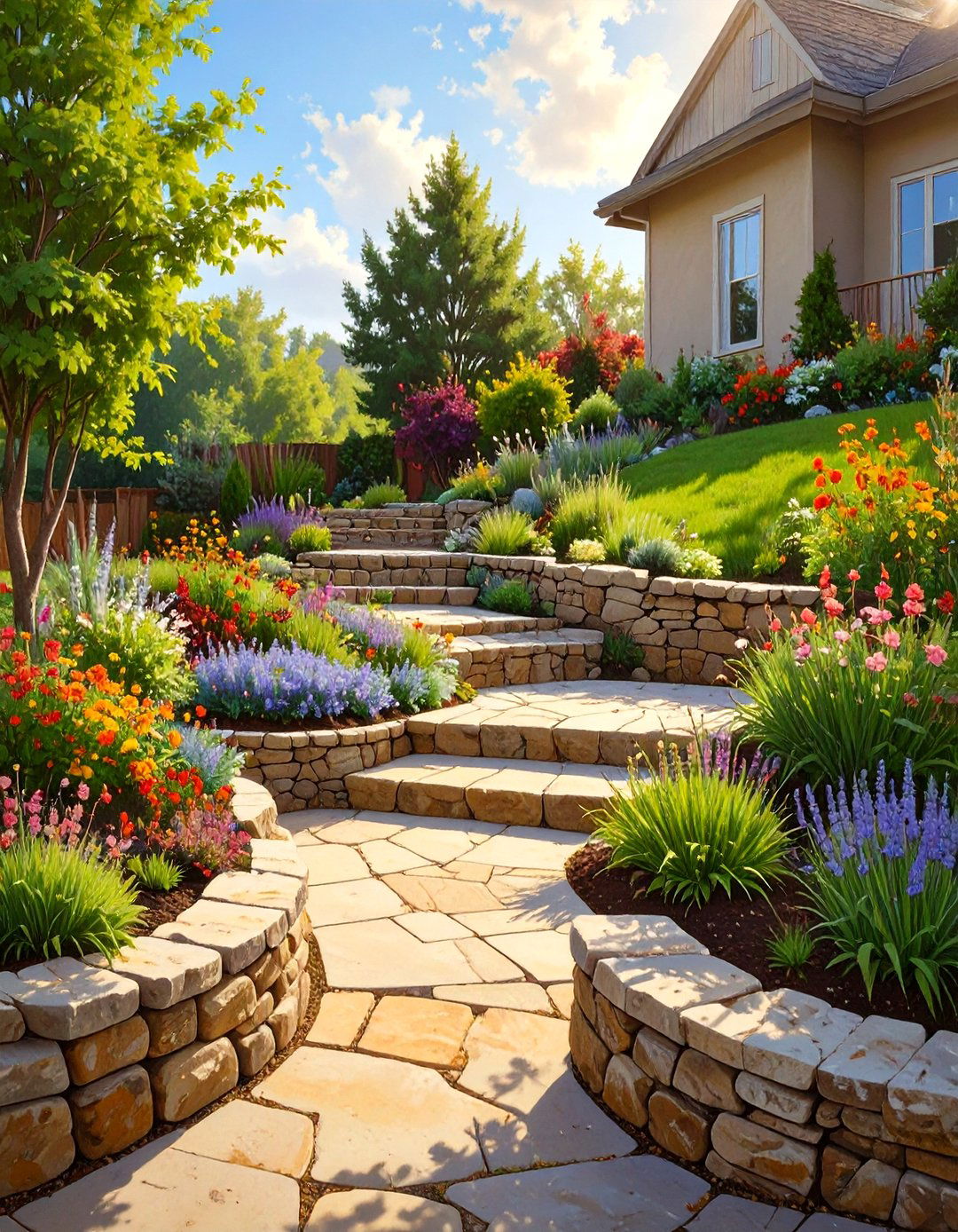 D Sloped Yard and Terrace Solution - 30 virtual landscape design ideas