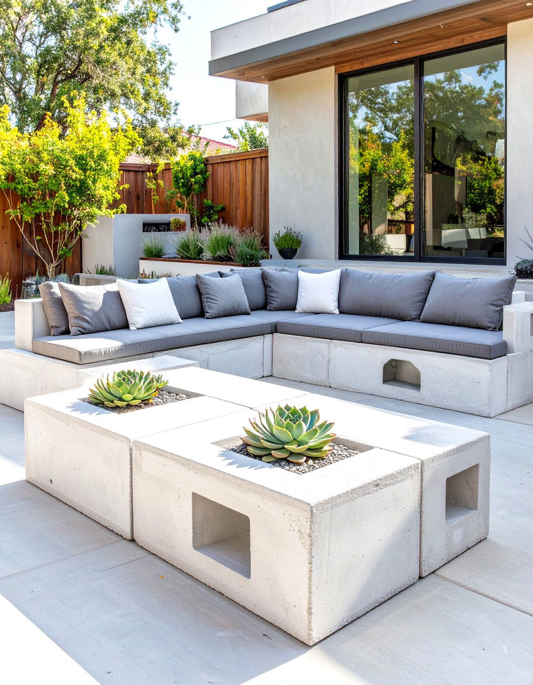 DIY Cinder Block Seating Area - 30 concrete patio ideas on a budget