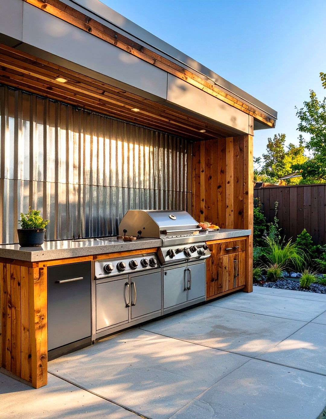 DIY Grill Surround with Corrugated Metal - 30 outdoor kitchen ideas on a budget