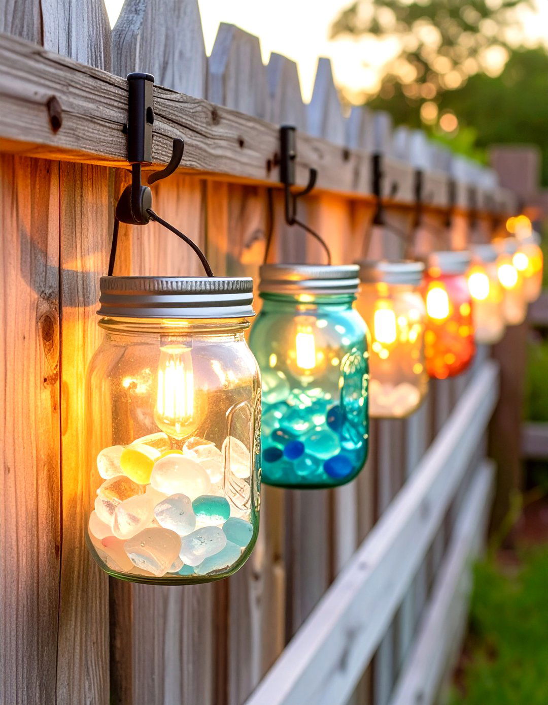 DIY Mason Jar Solar Lights on Fence Hooks - 30 outdoor fence lighting ideas