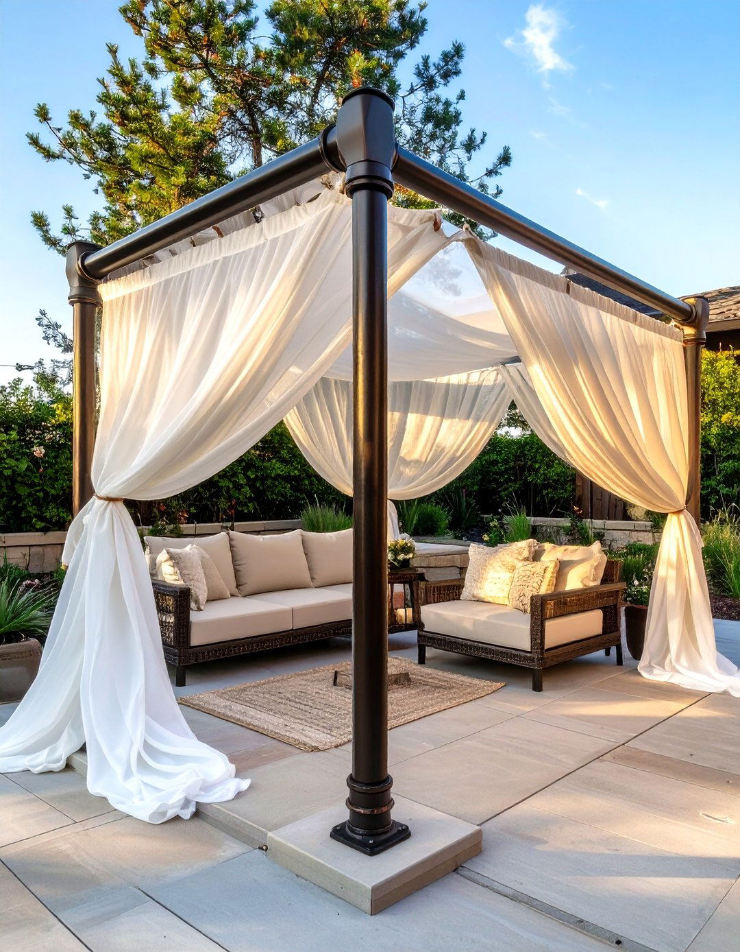 DIY Pipe and Drape Canopy - 30 cheap patio cover ideas