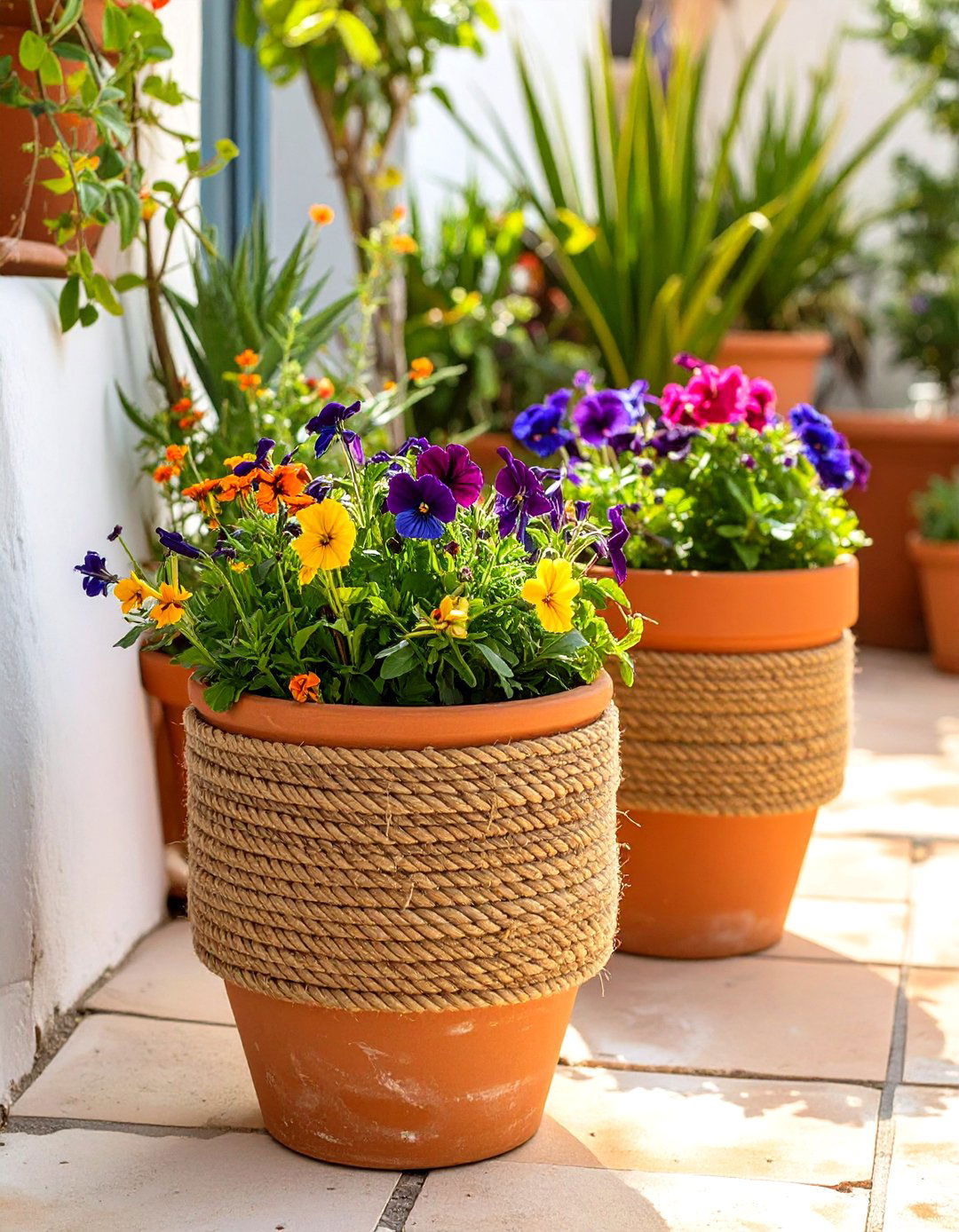 DIY Rope Wrapped Planters for a Small Patio - 30 small patio ideas on a budget
