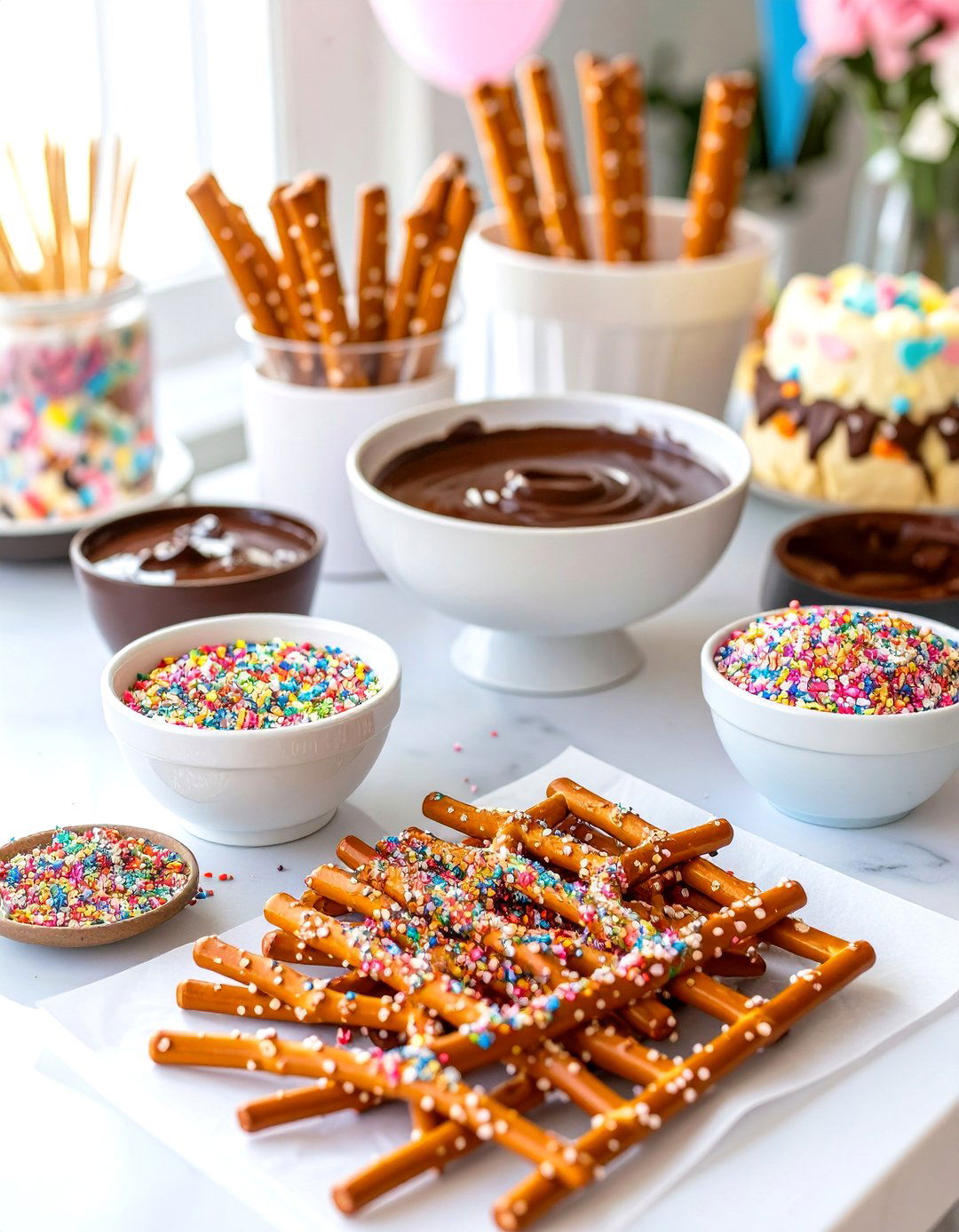 DIY Sprinkle Dipped Pretzel Rods - 30 sprinkle baby shower ideas