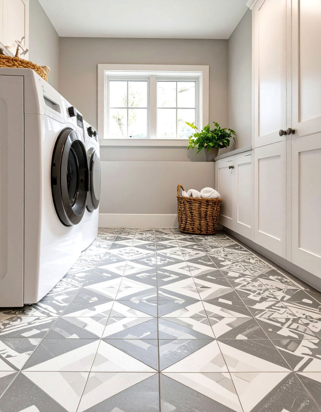DIY Stenciled Floor Tile - 30 utility room diy small laundry room ideas