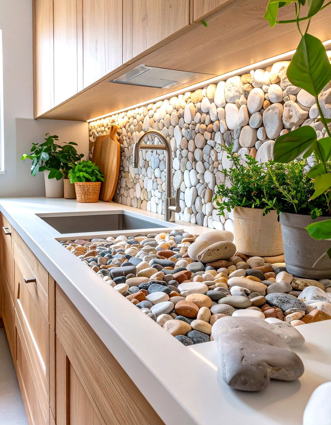 DIY Stone Pebble Backsplash - 30 diy backsplash ideas