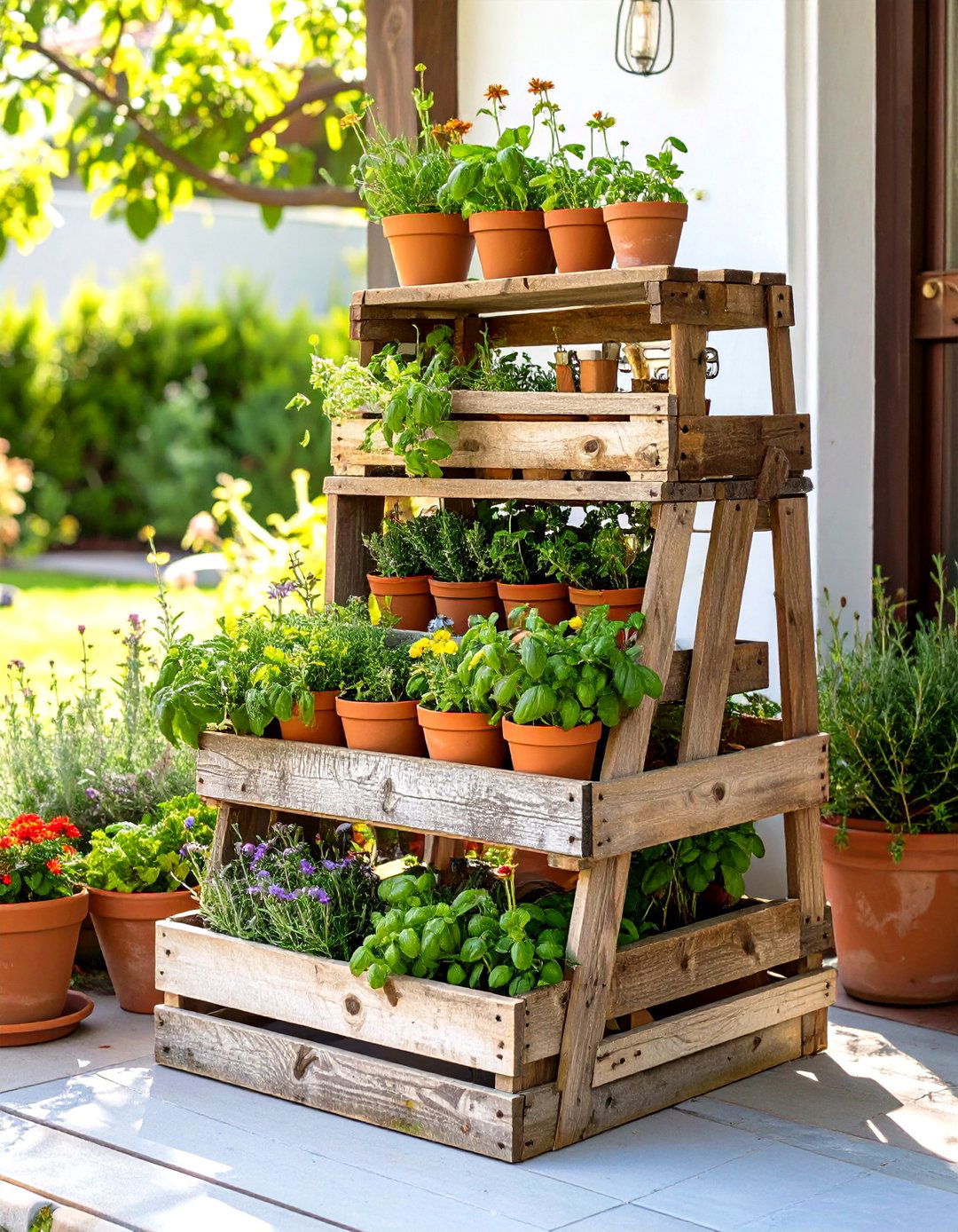 DIY Tiered Shelf Garden from Crates - 30 small patio garden ideas