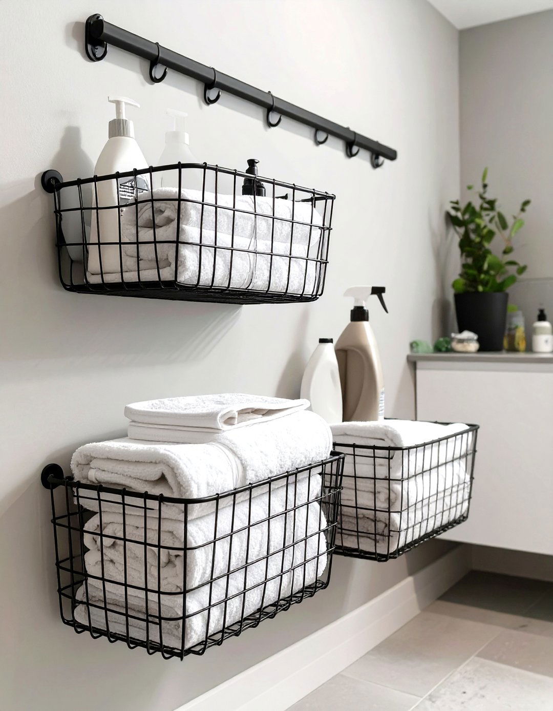 DIY Wire Basket Wall Storage - 30 utility room diy small laundry room ideas