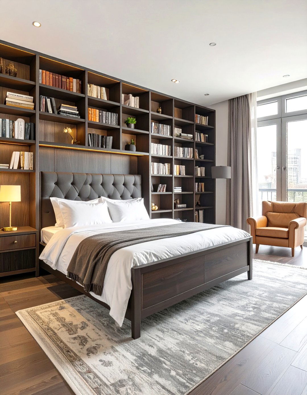 Dark Academia Bedroom with a Bookshelf Wall - 30 women bedroom ideas