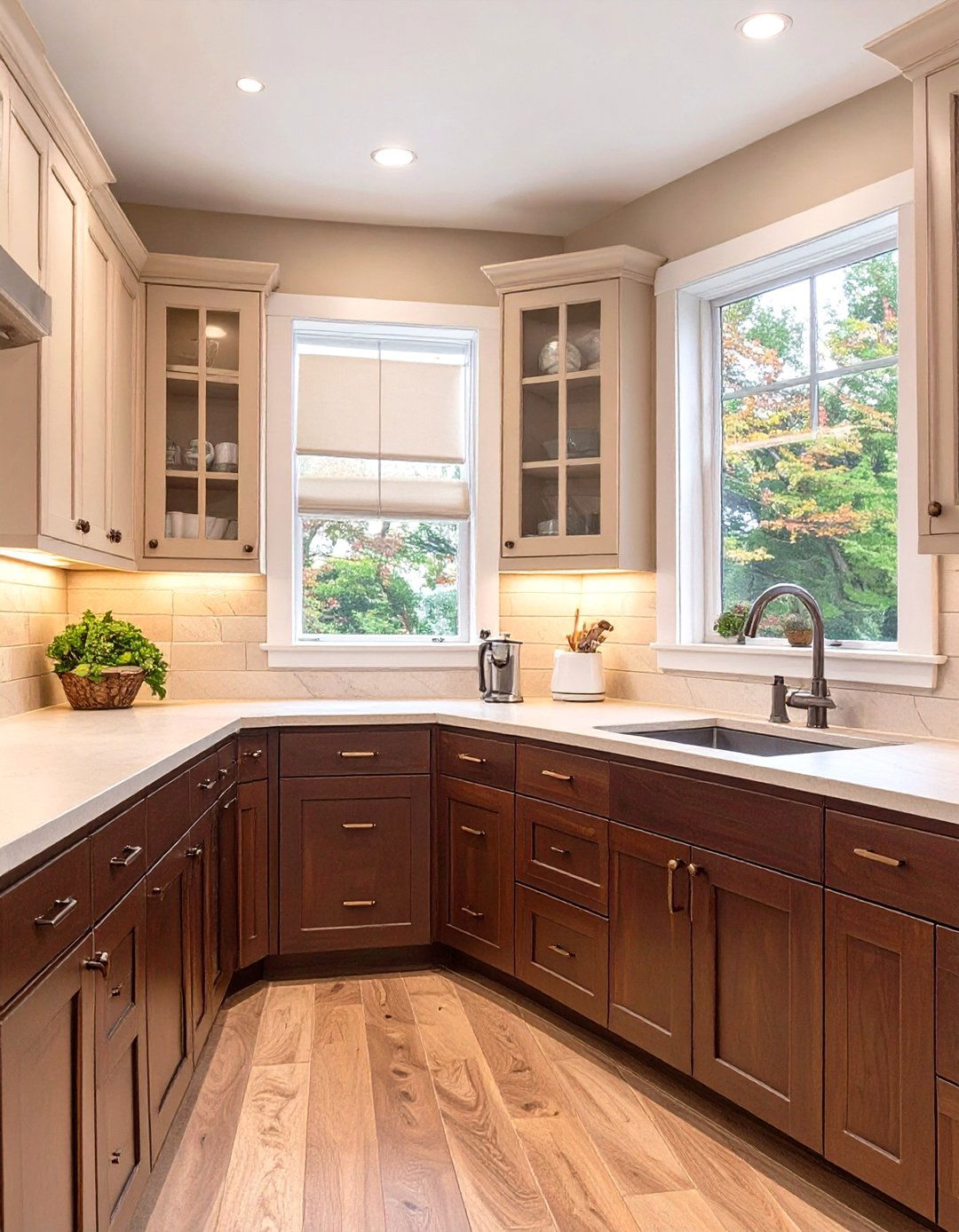 Dark Brown Lowers with Light Beige Uppers - 30 two tone kitchen cabinet ideas