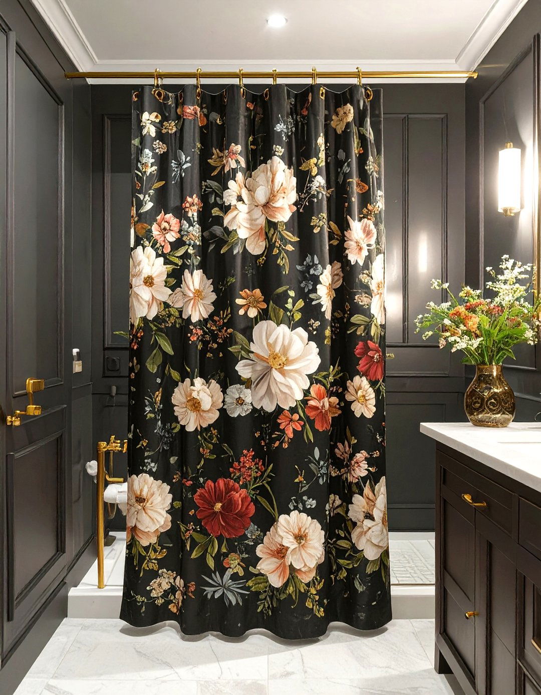 Dark Floral Shower Curtain - 30 elegant shower curtain ideas